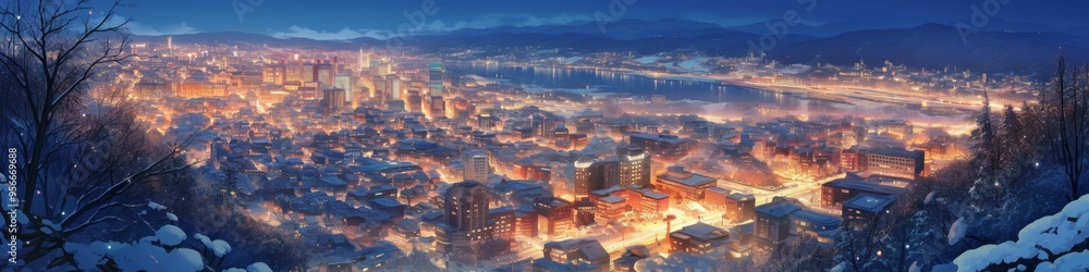 Obraz premium Enchanting Winter Wetlands: Soothing Anime-Style Illustration of Sapporo's Night Scenery with Cable Cars. Vibrant Nature-Inspired Artwork for NFT, Decor, Apparel Design, and Cultural Tourism Marketing