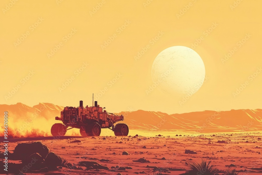 Fototapeta premium A futuristic vehicle traverses a desolate Martian landscape under a giant sun
