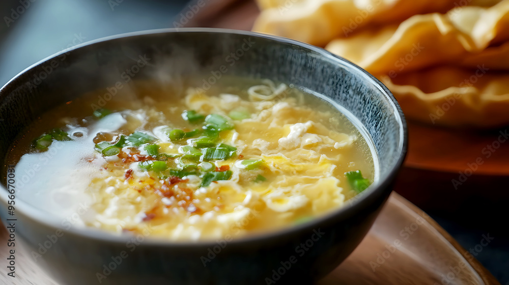 Classic egg drop soup, served steaming hot with a side of crispy wontons Classic egg drop soup, served steaming hot with a side of crispy wontons