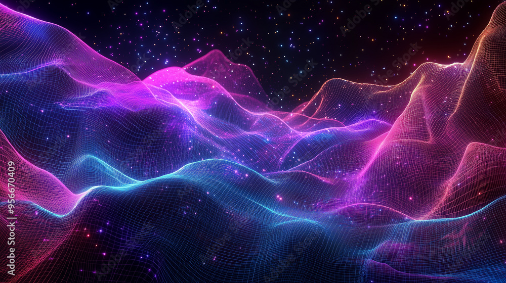 Vibrant Neon Space Network Landscape. 3D Flowing Curves. Digital Motion Design. Golographic Gradient Studio Visualization. Pink, Blue, Purple Space Universe Waves. Cyber Neon Futuristic Net Landscape. Vibrant Neon Space Network Landscape. 3D Flowing Curves. Digital Motion Design. Golographic Gradient Studio Visualization. Pink, Blue, Purple Space Universe Waves. Cyber Neon Futuristic Net Landscape.