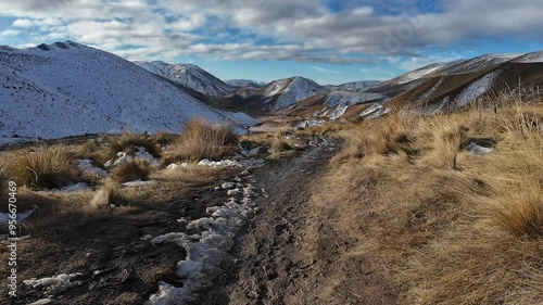 Beautiful view of snowy Lindis Pass, New Zealand. photo