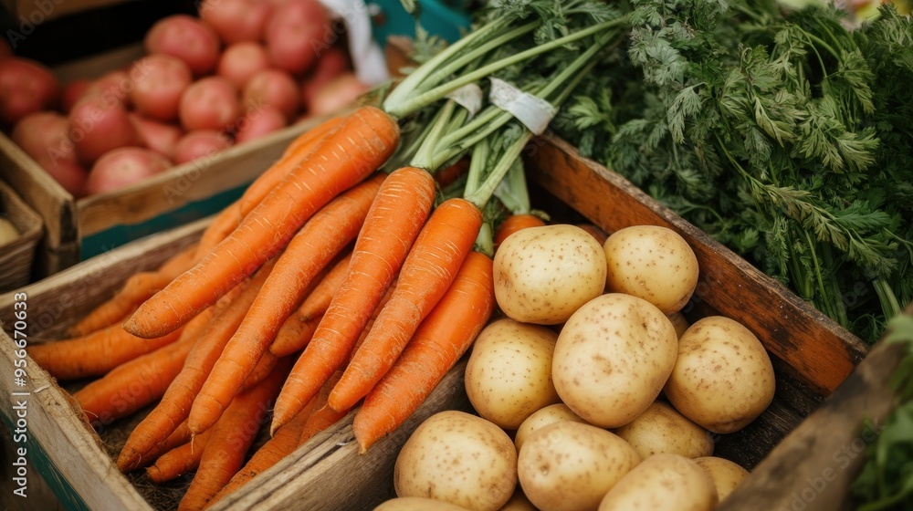 Fresh Carrots and Potatoes in Wooden Crates Fresh Carrots and Potatoes in Wooden Crates