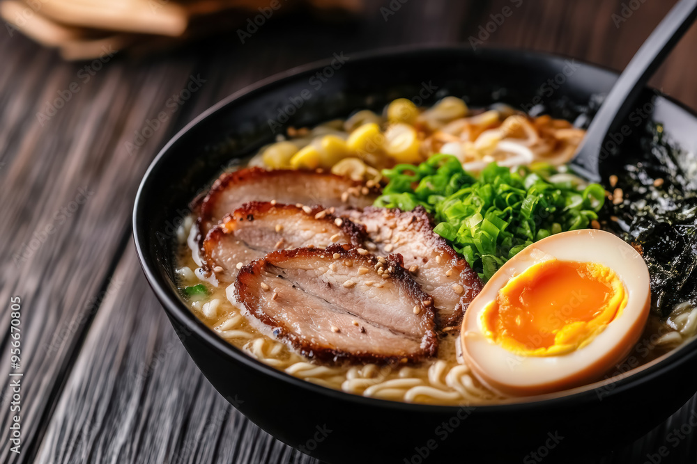 savory tonkotsu ramen bowl with pork slices and soft boiled egg savory tonkotsu ramen bowl with pork slices and soft boiled egg