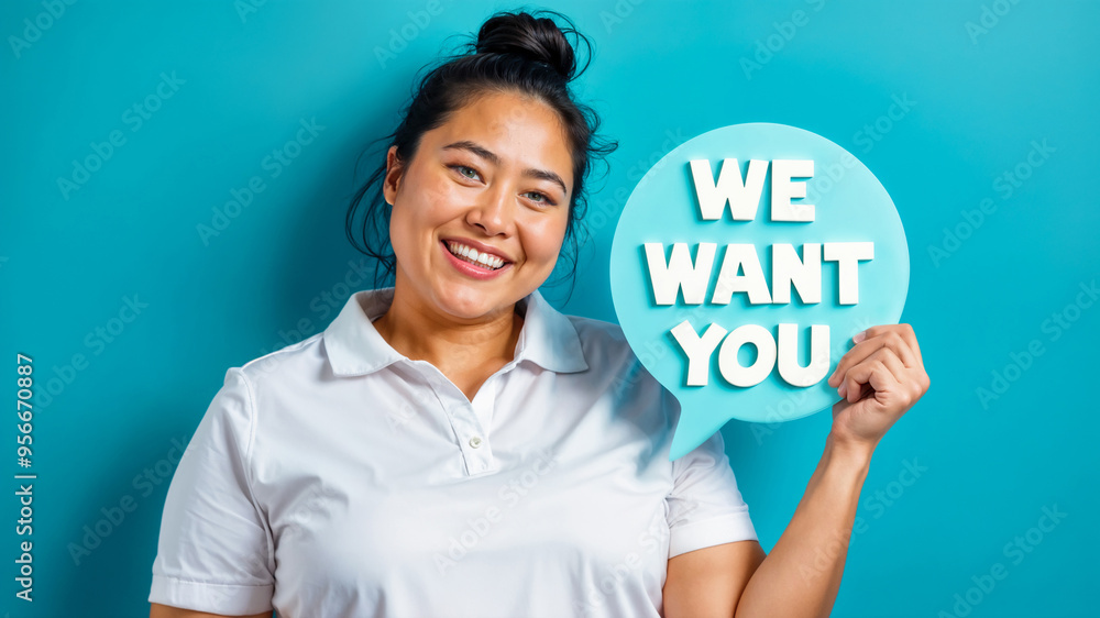 Asian Dental Assistant Holding 'We Want You' Sign in Speech Bubble for Hiring Asian Dental Assistant Holding 'We Want You' Sign in Speech Bubble for Hiring