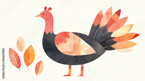 Watercolor illustration of a stylized turkey with autumn leaves, perfect for Thanksgiving and fall-themed designs. photo