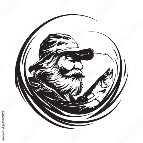 Fishing vector logo design template. fisherman, fisher, fish or angling, sport art Stock Vector on white background