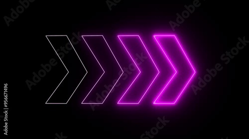 Right arrow for road direction. Glowing pink neon light animated traffic directional arrows sign. Flashing direction indicators