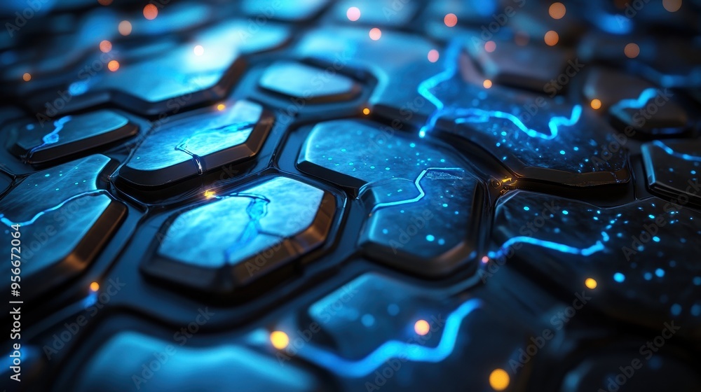 Abstract Blue and Orange Glowing Hexagon Pattern - Futuristic Technology Background. Abstract Blue and Orange Glowing Hexagon Pattern - Futuristic Technology Background.