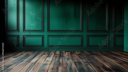 An empty green space with wall panels and a wooden floor. An illustration mockup in 3d. photo