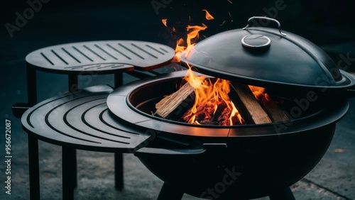 Stylish and modern wood-burning fire pit with a lid, emitting warm flames from burning logs, designed with sleek black metal surfaces, perfect for outdoor gatherings and backyard warmth