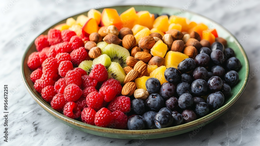 A vibrant and colorful fruit platter featuring fresh berries, nuts, and assorted tropical fruits on a decorative dish. A vibrant and colorful fruit platter featuring fresh berries, nuts, and assorted tropical fruits on a decorative dish.