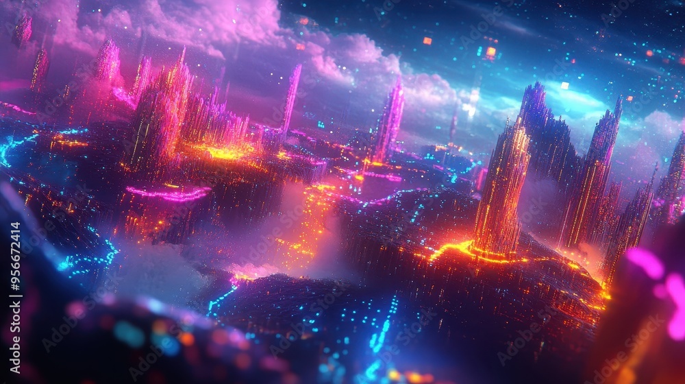 Futuristic Cityscape with Neon Lights and Cloudy Sky - Cyberpunk Digital Art. Futuristic Cityscape with Neon Lights and Cloudy Sky - Cyberpunk Digital Art.