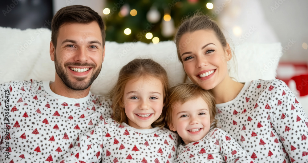 A cheerful family of four dressed in matching Christmas pajamas, smiling together in a festive holiday setting A cheerful family of four dressed in matching Christmas pajamas, smiling together in a festive holiday setting