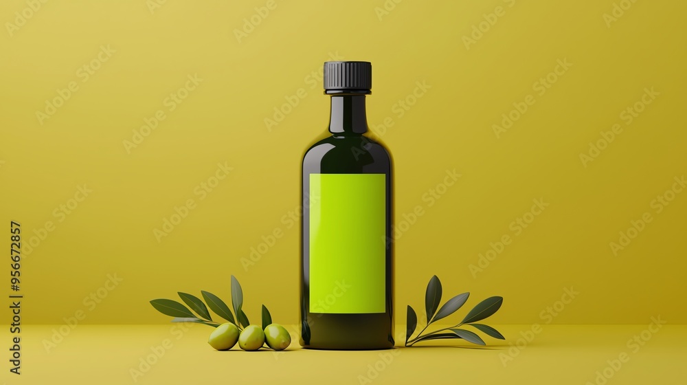 A stylish olive oil bottle surrounded by fresh olives and leaves, perfect for culinary and wellness imagery on a vibrant yellow background. A stylish olive oil bottle surrounded by fresh olives and leaves, perfect for culinary and wellness imagery on a vibrant yellow background.