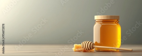 A stylish jar of honey with a wooden dipper set against a soft background. Perfect for culinary and health-related themes. photo