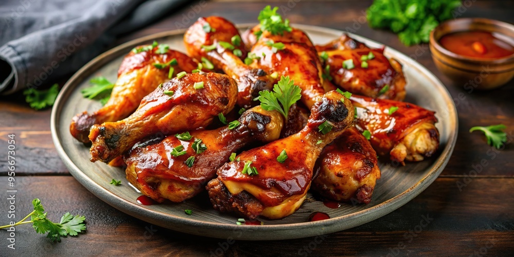 Plate of juicy grilled chicken drumsticks in spicy barbecue sauce, grilled, spicy, marinated, succulent, poultry, barbecue, food, delicious, chicken, juicy, flame-grilled, drumsticks, tasty Plate of juicy grilled chicken drumsticks in spicy barbecue sauce, grilled, spicy, marinated, succulent, poultry, barbecue, food, delicious, chicken, juicy, flame-grilled, drumsticks, tasty