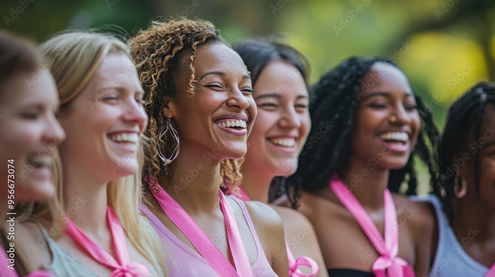 A group of women, all ages and ethnicities, wearing pink ribbons, standing together in a park, smiling and laughing, representing the solidarity and support within the breast cancer awareness A group of women, all ages and ethnicities, wearing pink ribbons, standing together in a park, smiling and laughing, representing the solidarity and support within the breast cancer awareness
