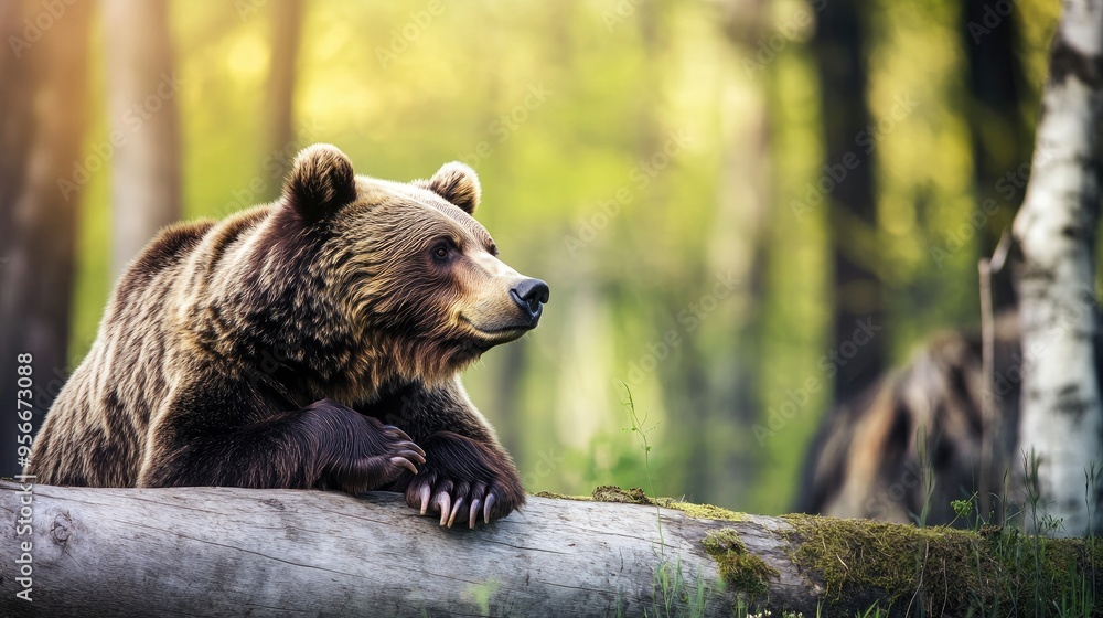 Obraz premium A brown bear alone on a log in a peaceful forest setting, captured in dreamy, soft-focus photography with ample copy space.