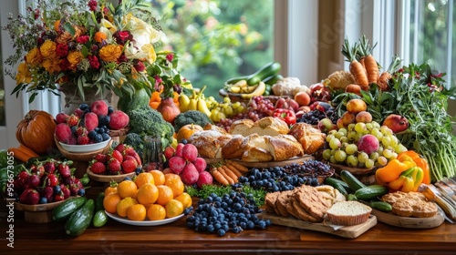 A bountiful table filled with a variety of fresh fruits, vegetables, and baked goods.