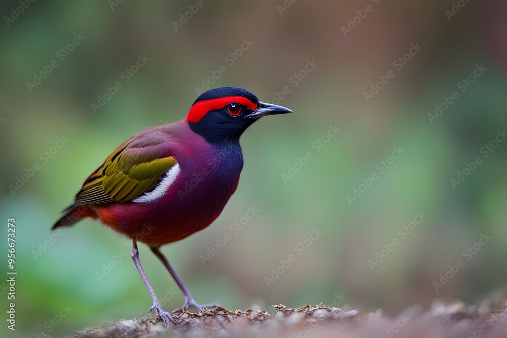 Fototapeta premium Garnet pitta bird blurry nature background, AI Generated
