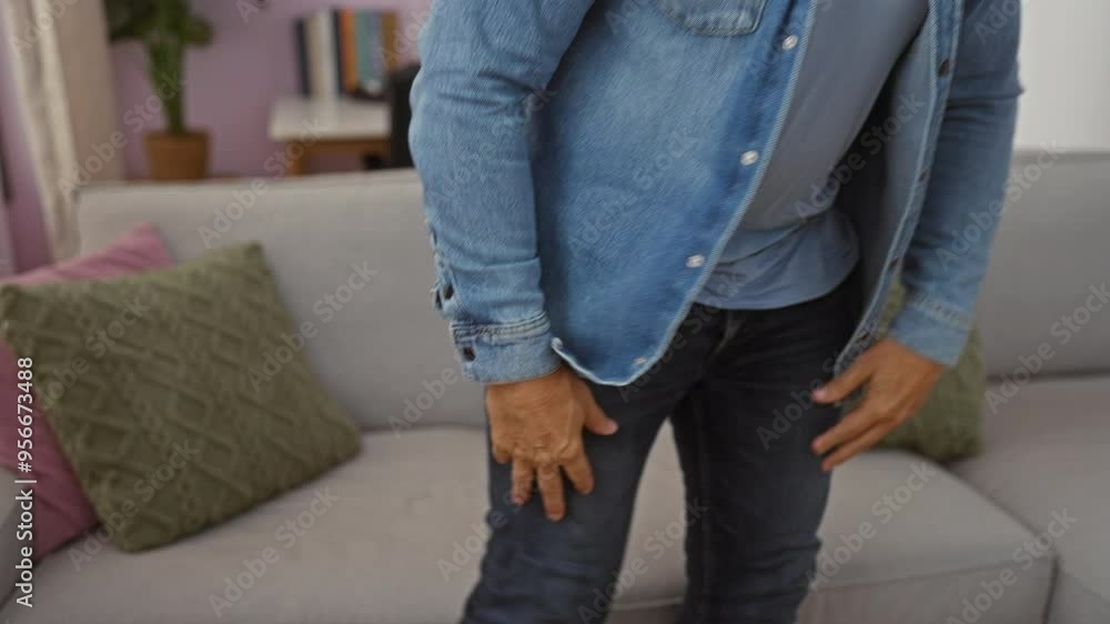 Handsome middle aged man in denim jacket and jeans sitting and then getting up from a sofa in a cozy living room with pastel colors and cushions showing various emotions Handsome middle aged man in denim jacket and jeans sitting and then getting up from a sofa in a cozy living room with pastel colors and cushions showing various emotions