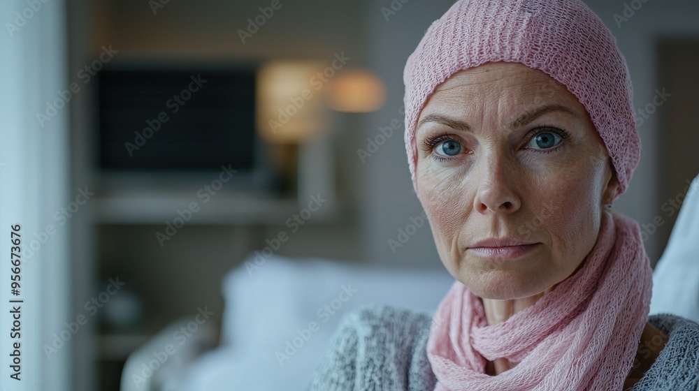 A powerful image of a woman undergoing chemotherapy in a hospital room with a pink scarf wrapped around her head and a determined look in her eyes, symbolizing her strength and resilience during her A powerful image of a woman undergoing chemotherapy in a hospital room with a pink scarf wrapped around her head and a determined look in her eyes, symbolizing her strength and resilience during her