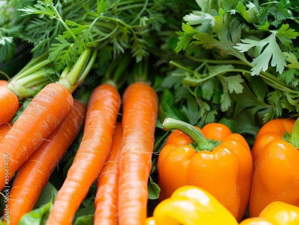 A background of assorted vegetables, including carrots, broccoli, and bell peppers, highlighting their natural textures and colors A background of assorted vegetables, including carrots, broccoli, and bell peppers, highlighting their natural textures and colors