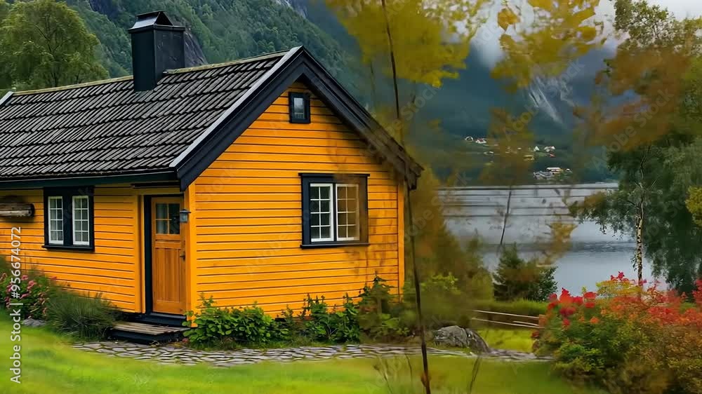 A small yellow house with a black roof sits on a hill overlooking a lake. The house is surrounded by a lush green lawn and a garden. The scene has a peaceful and serene atmosphere A small yellow house with a black roof sits on a hill overlooking a lake. The house is surrounded by a lush green lawn and a garden. The scene has a peaceful and serene atmosphere
