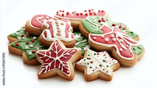 Close-up of assorted Christmas cookies decorated with red and green icing and white sprinkles isolated on a white background.