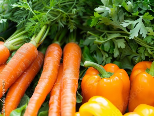 A background of assorted vegetables, including carrots, broccoli, and bell peppers, highlighting their natural textures and colors