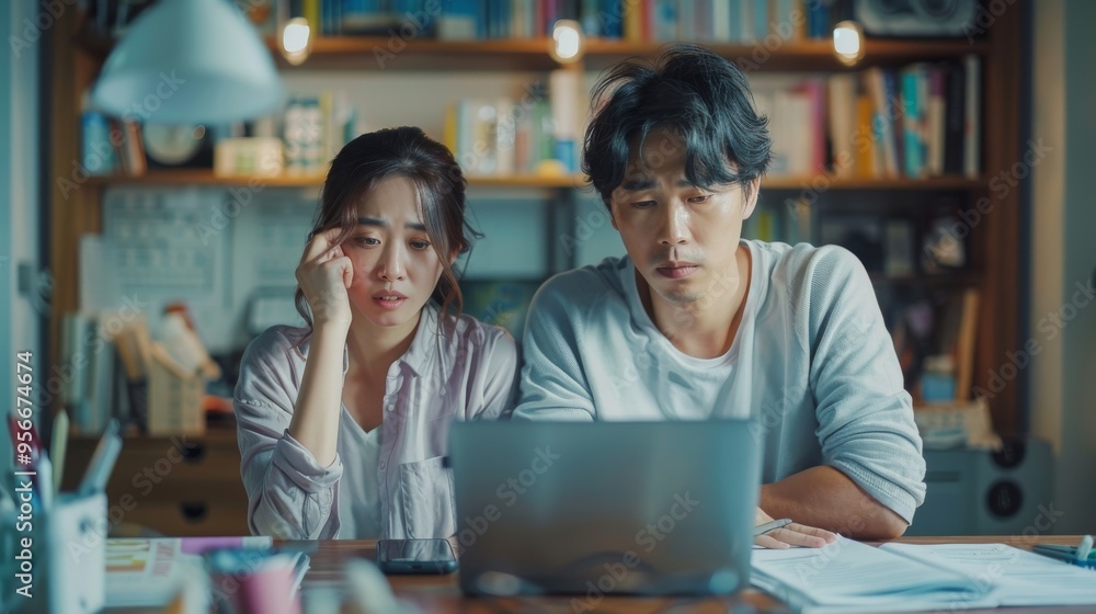 Asian couple at home, stressed and worried about past due bills and financial crisis Asian couple at home, stressed and worried about past due bills and financial crisis