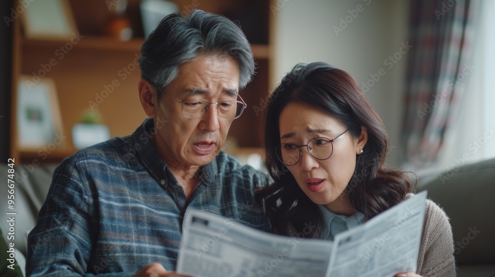 Asian couple at home, stressed and worried about past due bills and financial crisis Asian couple at home, stressed and worried about past due bills and financial crisis