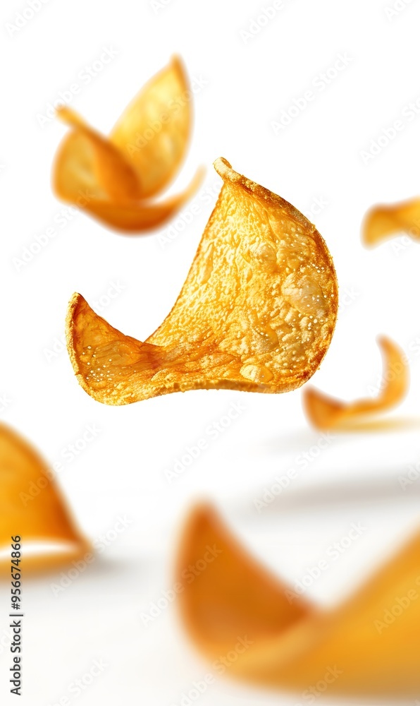 Falling potato chips isolated on white background, floating potato chips in the air Falling potato chips isolated on white background, floating potato chips in the air