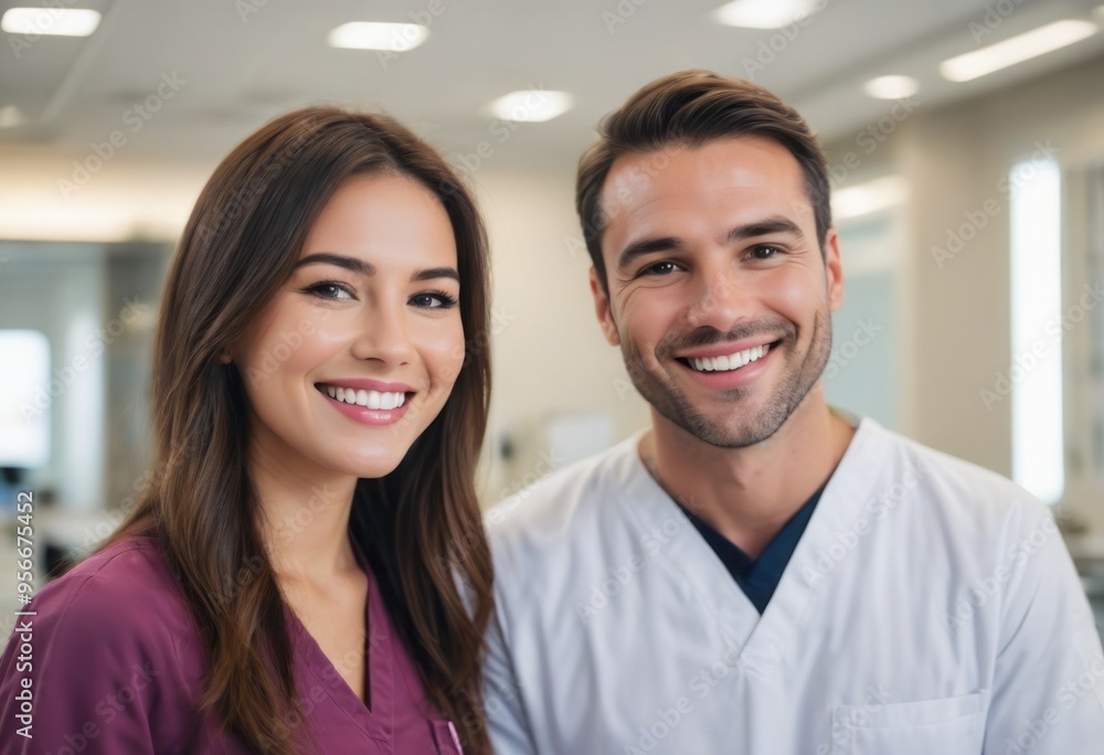 A male and female medical professional smiling together in a bright healthcare facility. A male and female medical professional smiling together in a bright healthcare facility.