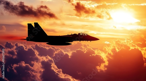 Fighter jet silhouette against the glowing sunset sky