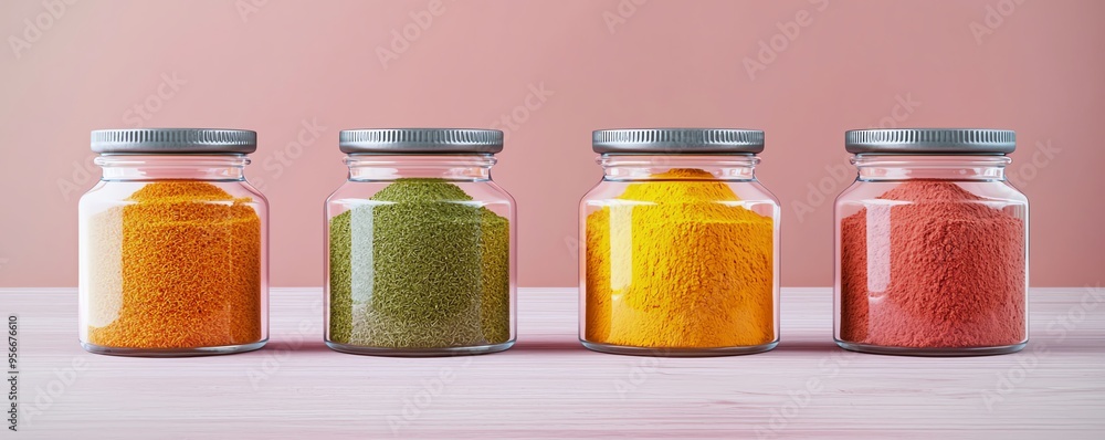 Colorful spice jars lined up against a soft pink background, showcasing vibrant powders for culinary inspiration. Colorful spice jars lined up against a soft pink background, showcasing vibrant powders for culinary inspiration.
