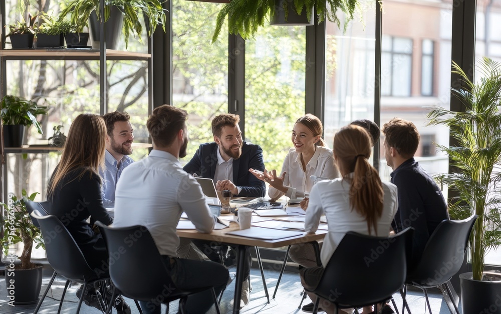 A group of professionals engaged in a discussion around a table in a modern office setting. A group of professionals engaged in a discussion around a table in a modern office setting.