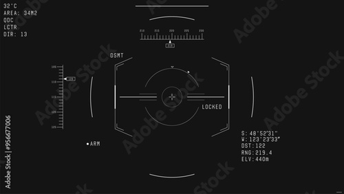 War drone camera viewfinder overlay. Template for military drone cam rec. Camera frame vector template. White lines Ui on black background. Fantasy combat drone UI frame for games and video, photo.