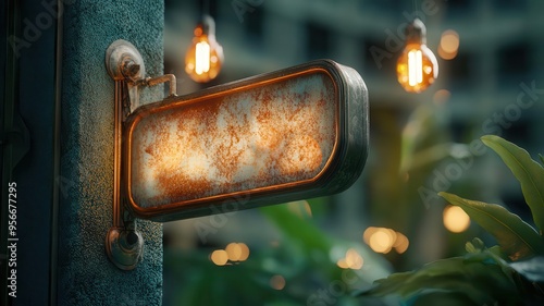 Weathered hotel sign mockup with blank space, art deco building, vintage setting, 3D illustration