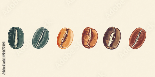 Six coffee beans showing different roasting degrees from unroasted to dark roast