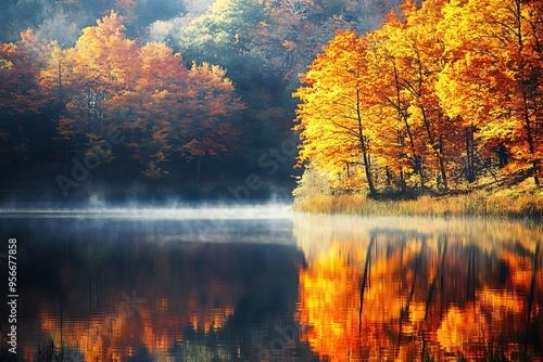 A calm lake reflects vivid autumn colors of fiery oranges, reds, and yellows. Light mist hovers over the water in the peaceful early morning scene. photo