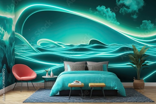 Turquoise Neon Wave Wallpaper Featuring Surreal Imagery and Glowing Effects photo