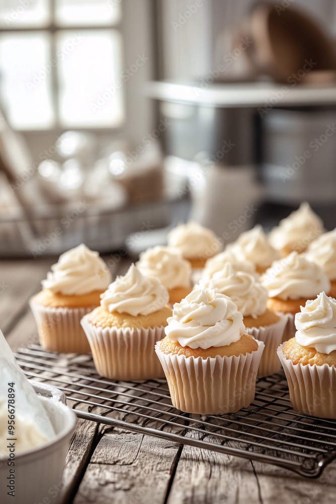 A rustic kitchen scene with a batch of freshly baked vanilla cupcakes cooling on a wire rack, with a piping bag of buttercream nearby A rustic kitchen scene with a batch of freshly baked vanilla cupcakes cooling on a wire rack, with a piping bag of buttercream nearby