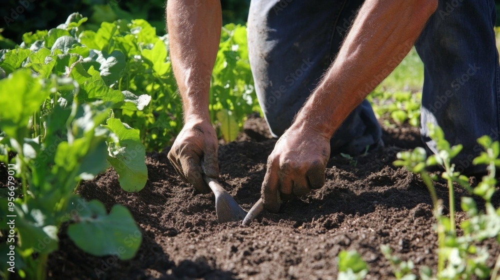 Fototapeta premium Hands Cultivating Soil in a Garden