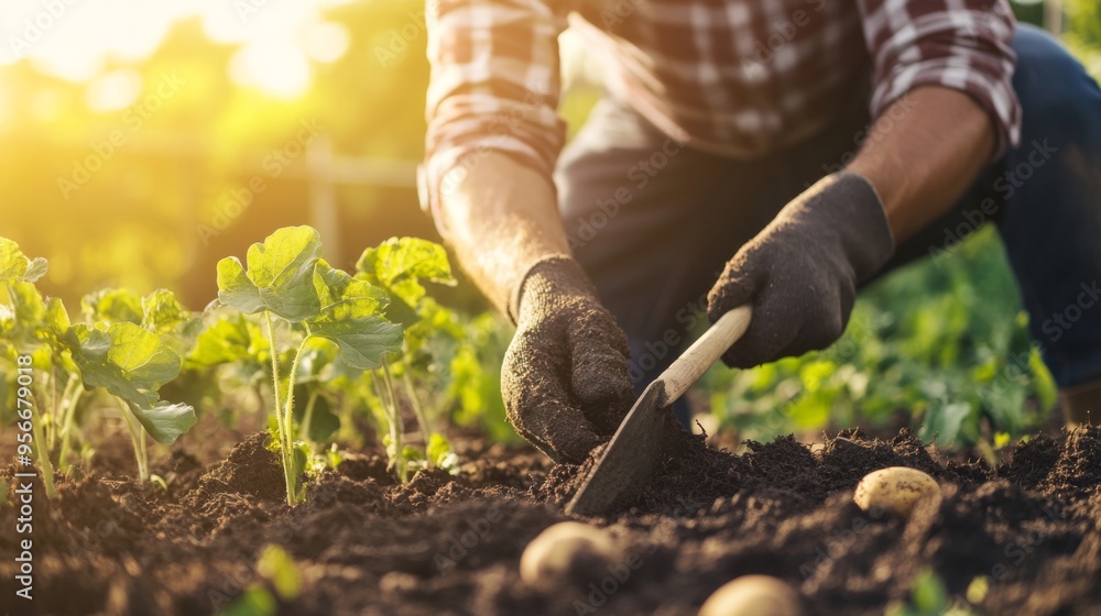 Fototapeta premium Gardening at Sunset: Harvesting Potatoes