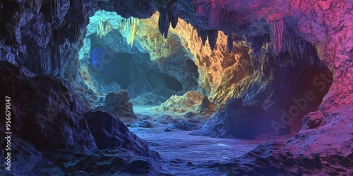 3D rendering of an underground cave with stunning rock formations and vibrant colors photo