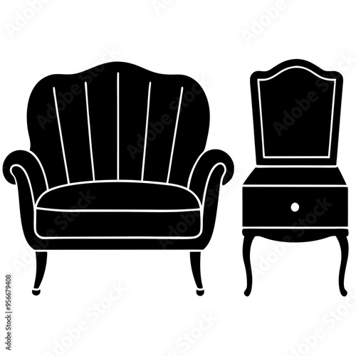 Black and white daily furniture items silhouette vector art illustration on white background
