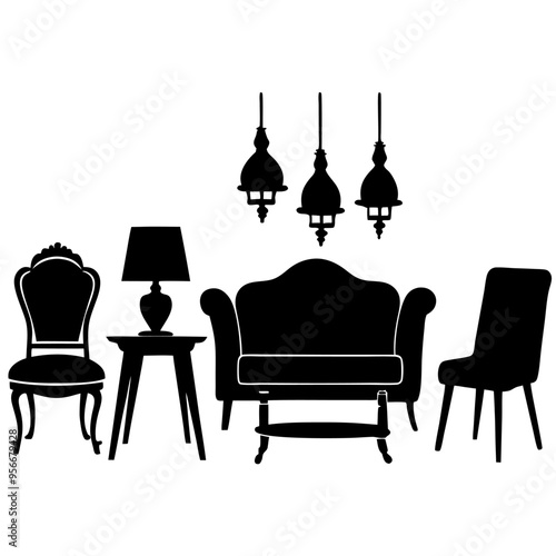 Black and white daily furniture items silhouette vector art illustration on white background