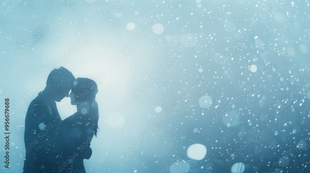 Romantic couple embracing in silhouette amid falling snowflakes, winter love concept Romantic couple embracing in silhouette amid falling snowflakes, winter love concept