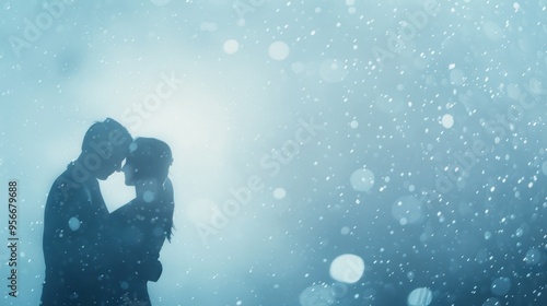 Romantic couple embracing in silhouette amid falling snowflakes, winter love concept photo